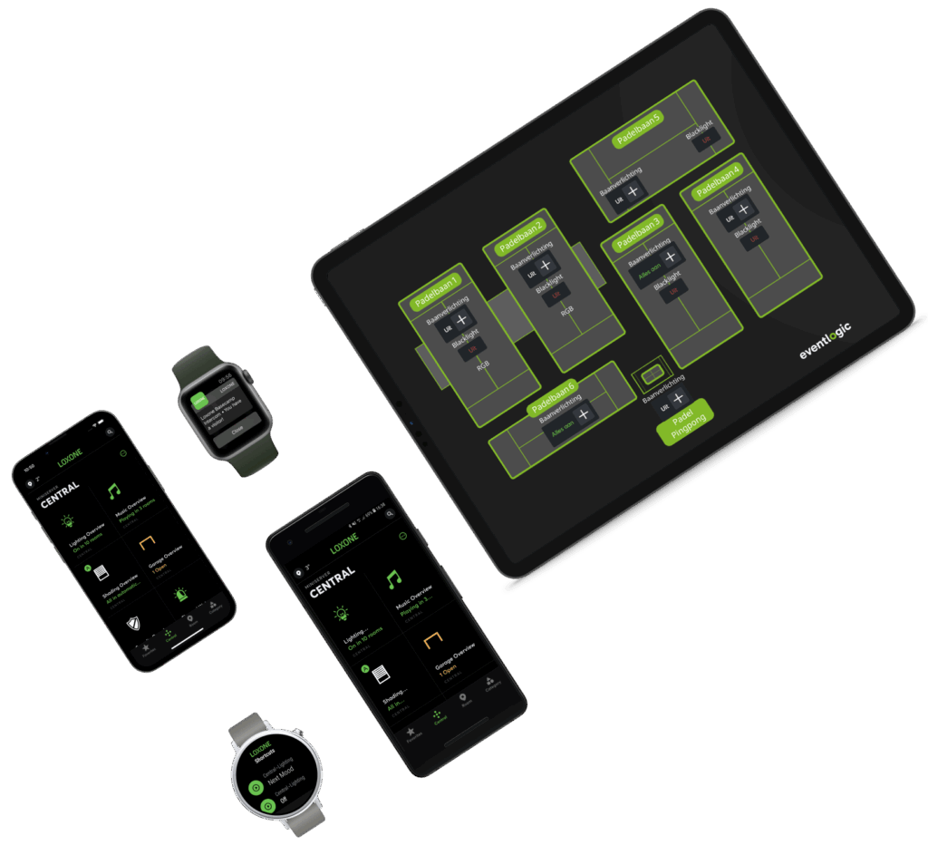 App op smartphone, smartwatch en een tablet met een interactieve plattegrond van padelbanen